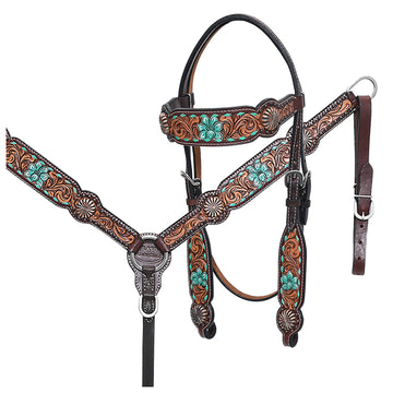 HILASON Western Horse Floral Headstall Breast Collar One American Leather Tack Set